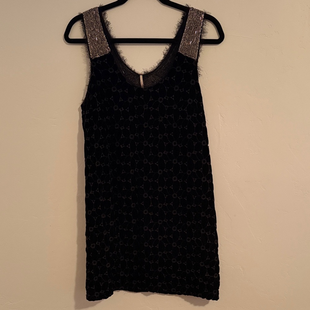 Free People Black Beaded Shift Dress with Silver Strap Detail
